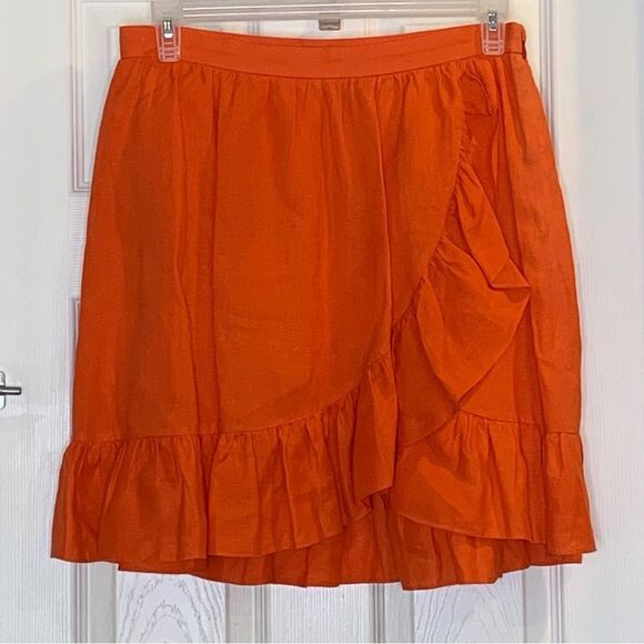 J. Crew 100% Linen Ruffle Hem Faux Wrap Mini Skirt Citrus Poppy Orange Size 10 - Picture 11 of 12